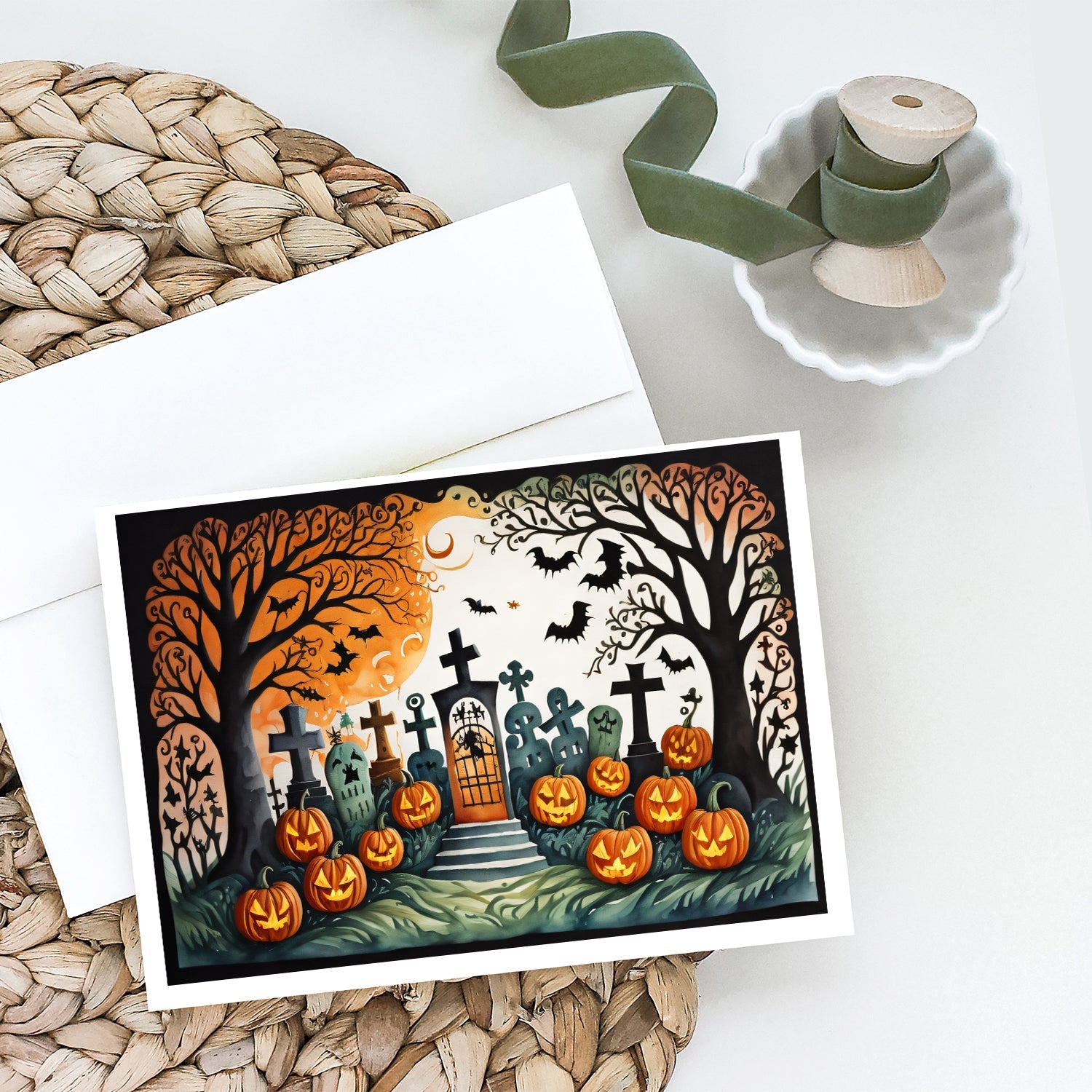Papel Picado Skeletons Spooky Halloween Greeting Cards Pack of 8 Blank Cards with Envelopes Whimsical A7 Size 5x7