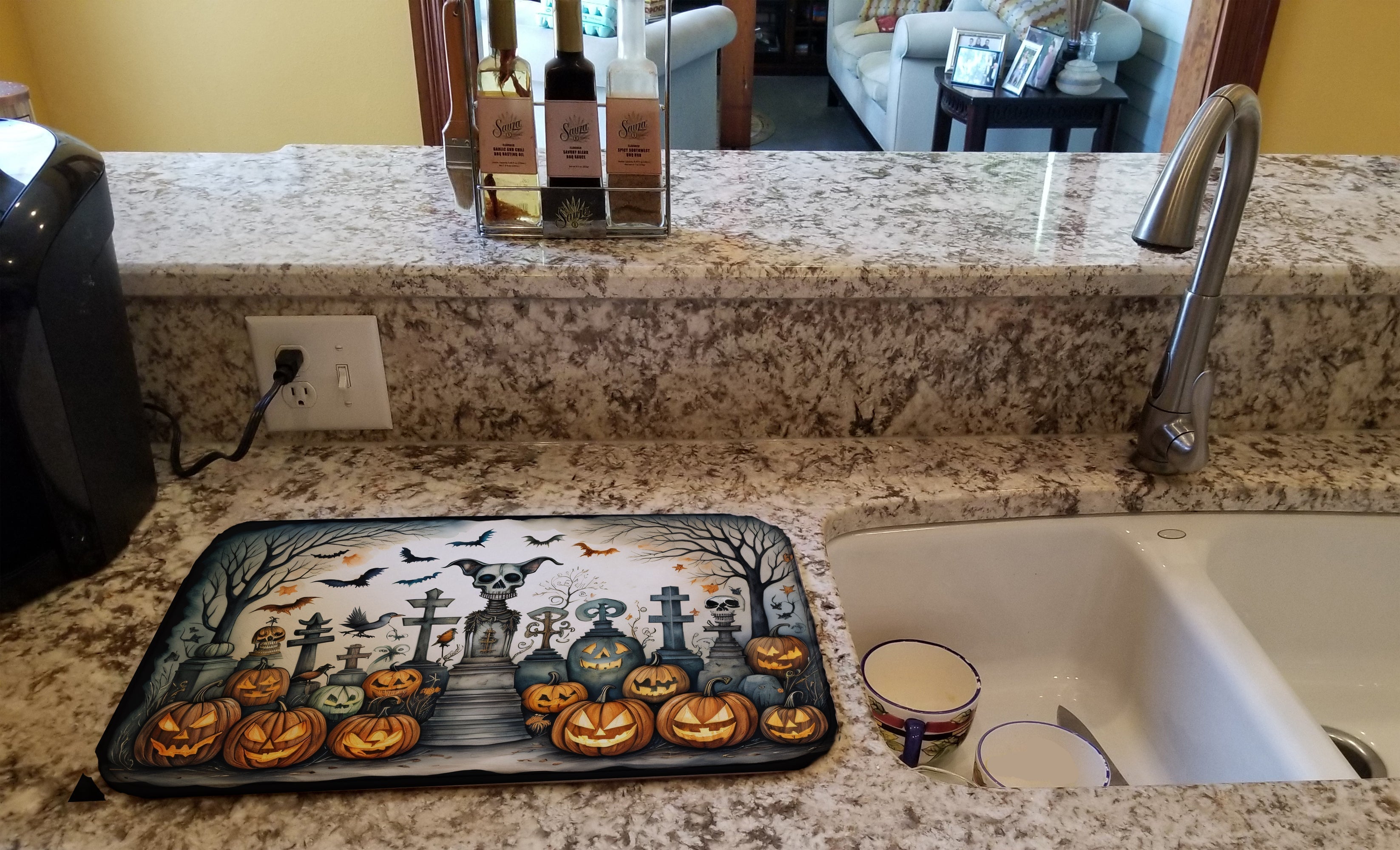 Pet Cemetery Spooky Halloween Dish Drying Mat Absorbent Dish Drying Mat Pad for Kitchen Counter Dish Drainer Mat for Countertop, 14 x 21", Multicolor
