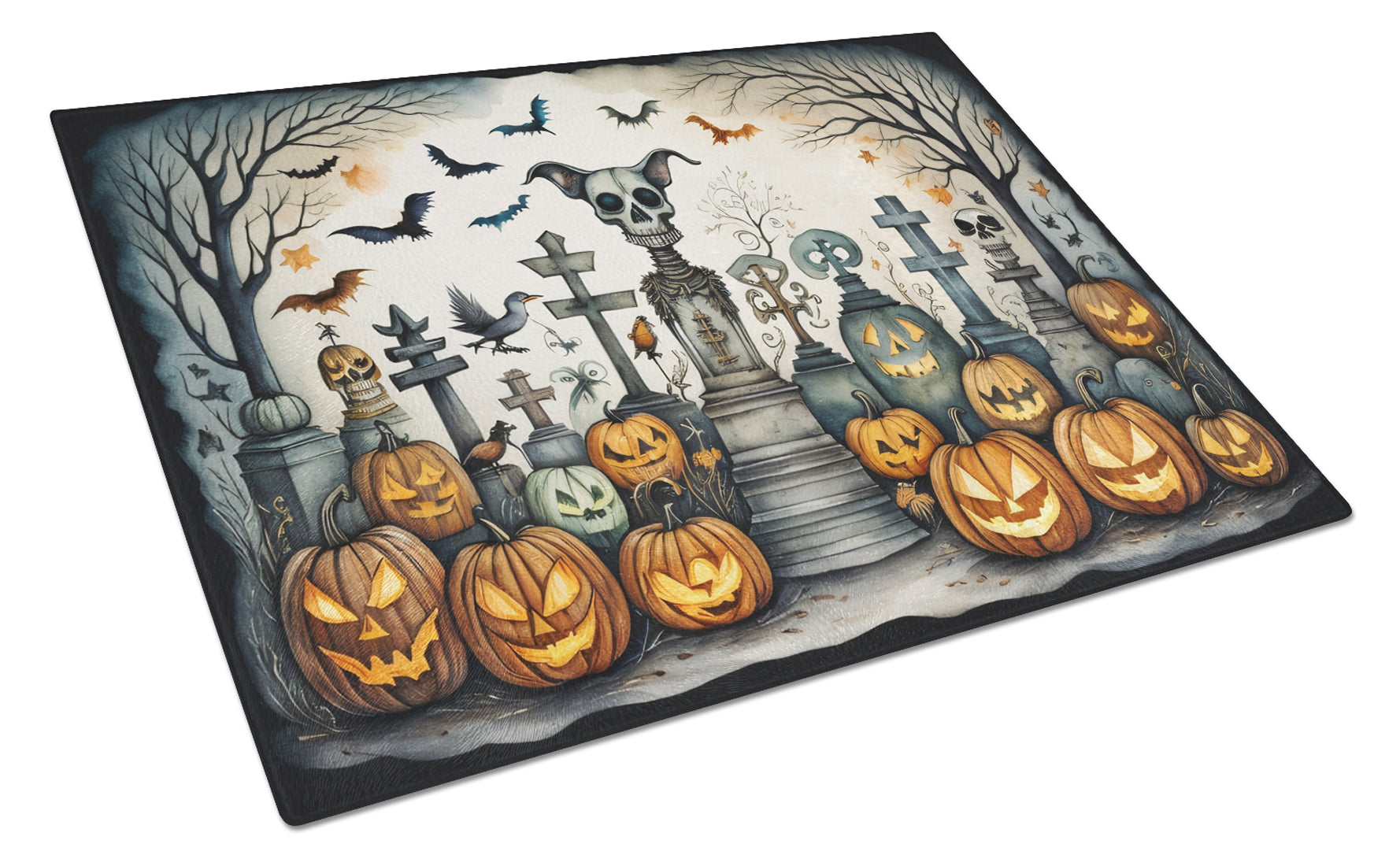 Pet Cemetery Spooky Halloween Cutting Board Tempered Glass Kitchen Cutting Surface, Heat Resistant Chopping, Non-Slip Feet, Food Prep & Serving