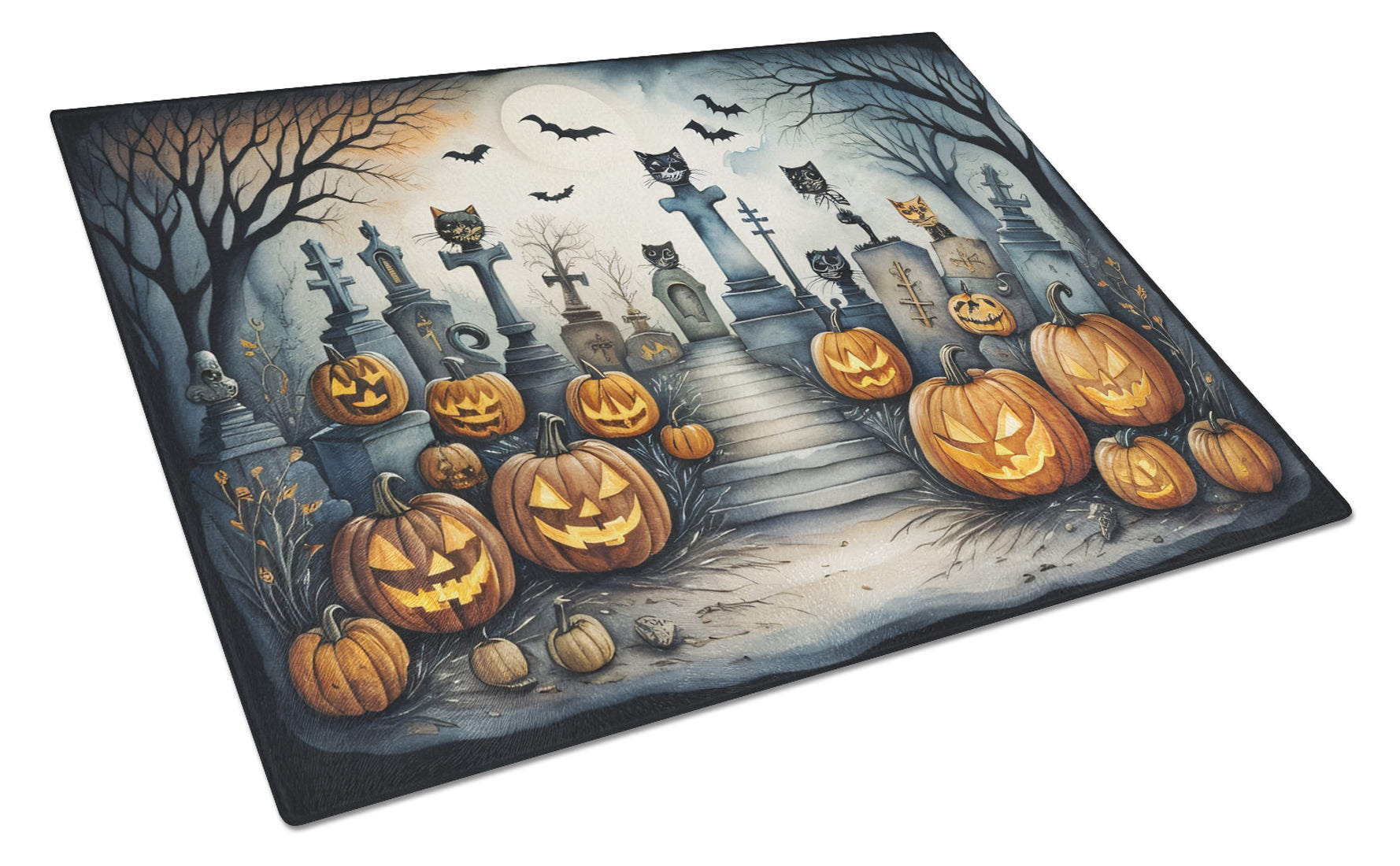 Cat Cemetery Spooky Halloween Cutting Board Tempered Glass Kitchen Cutting Surface, Heat Resistant Chopping, Non-Slip Feet, Food Prep & Serving