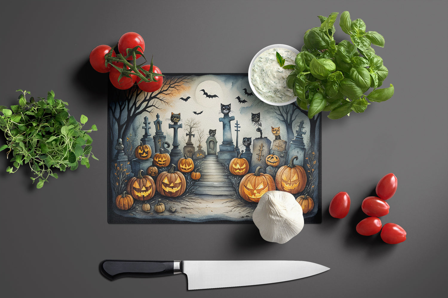 Cat Cemetery Spooky Halloween Cutting Board Tempered Glass Kitchen Cutting Surface, Heat Resistant Chopping, Non-Slip Feet, Food Prep & Serving