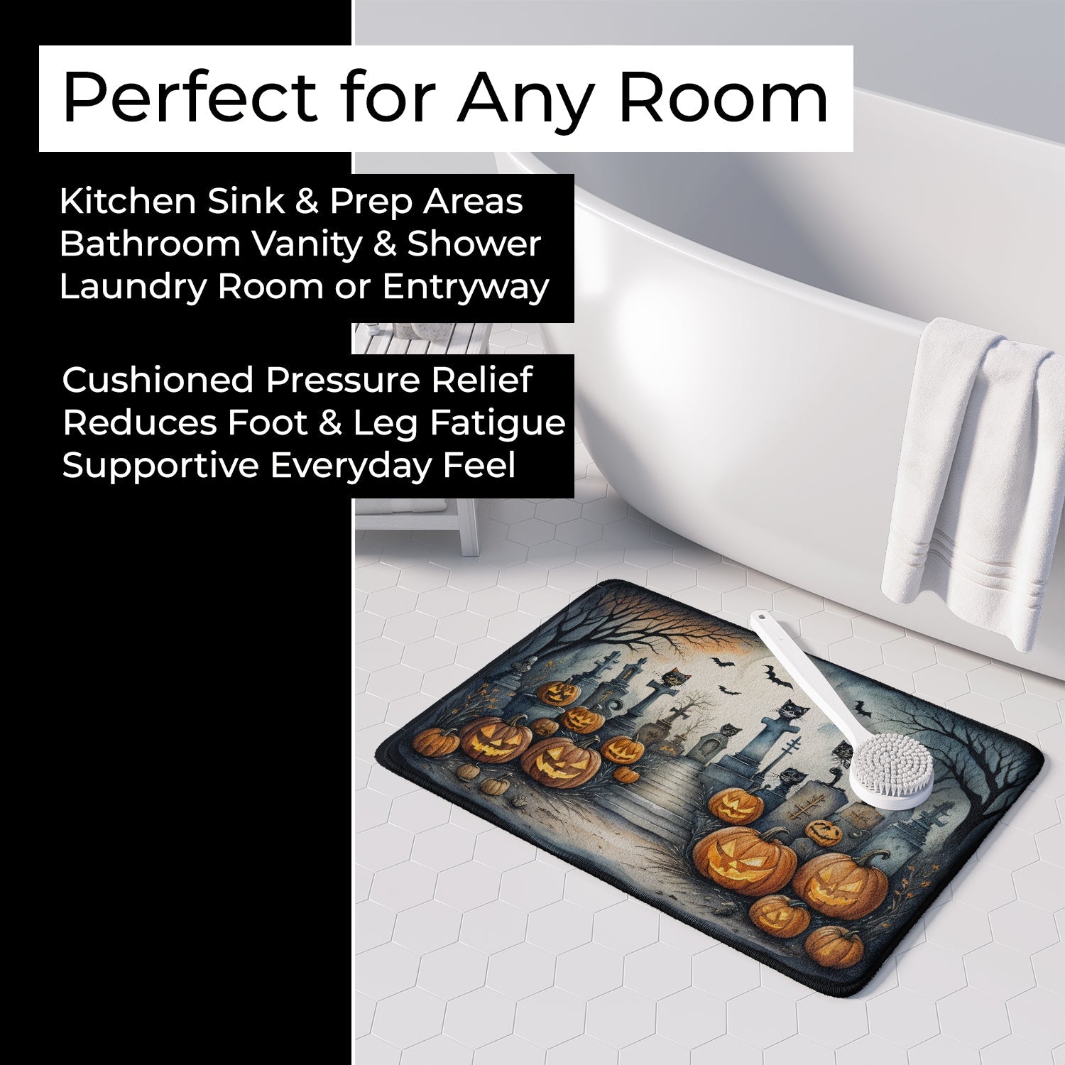 Cat Cemetery Spooky Halloween Memory Foam Kitchen Mat Machine Washable Anti-Fatigue Cushion Comfort Bath or Kitchen Rug