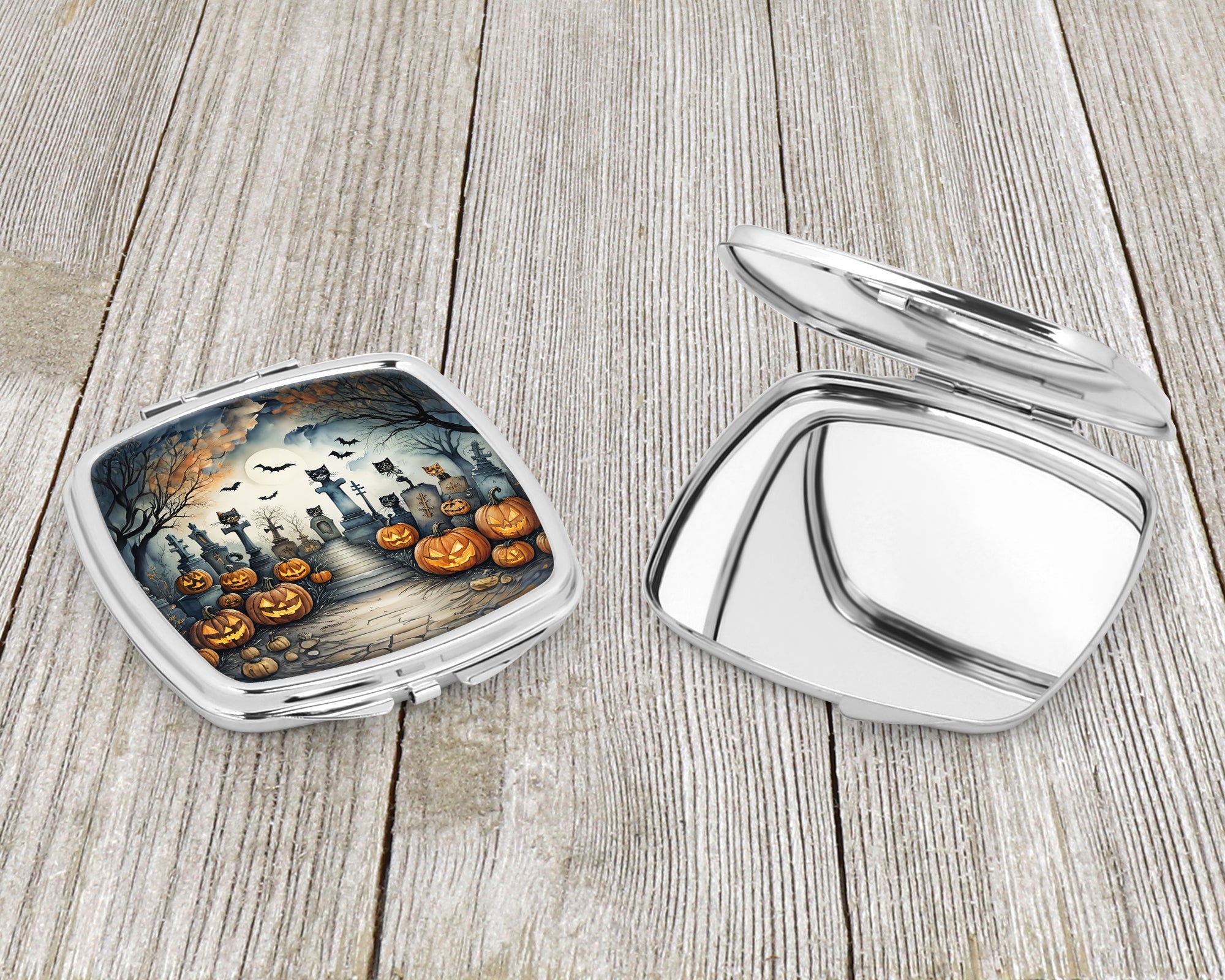 Cat Cemetery Spooky Halloween Compact Mirror Decorative Travel Makeup Mirror for Women Girls Gifts Pocket Makeup Mirror Folding Handheld