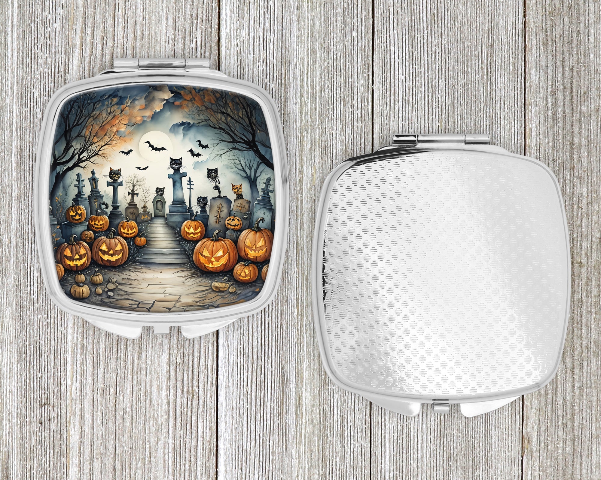 Cat Cemetery Spooky Halloween Compact Mirror Decorative Travel Makeup Mirror for Women Girls Gifts Pocket Makeup Mirror Folding Handheld