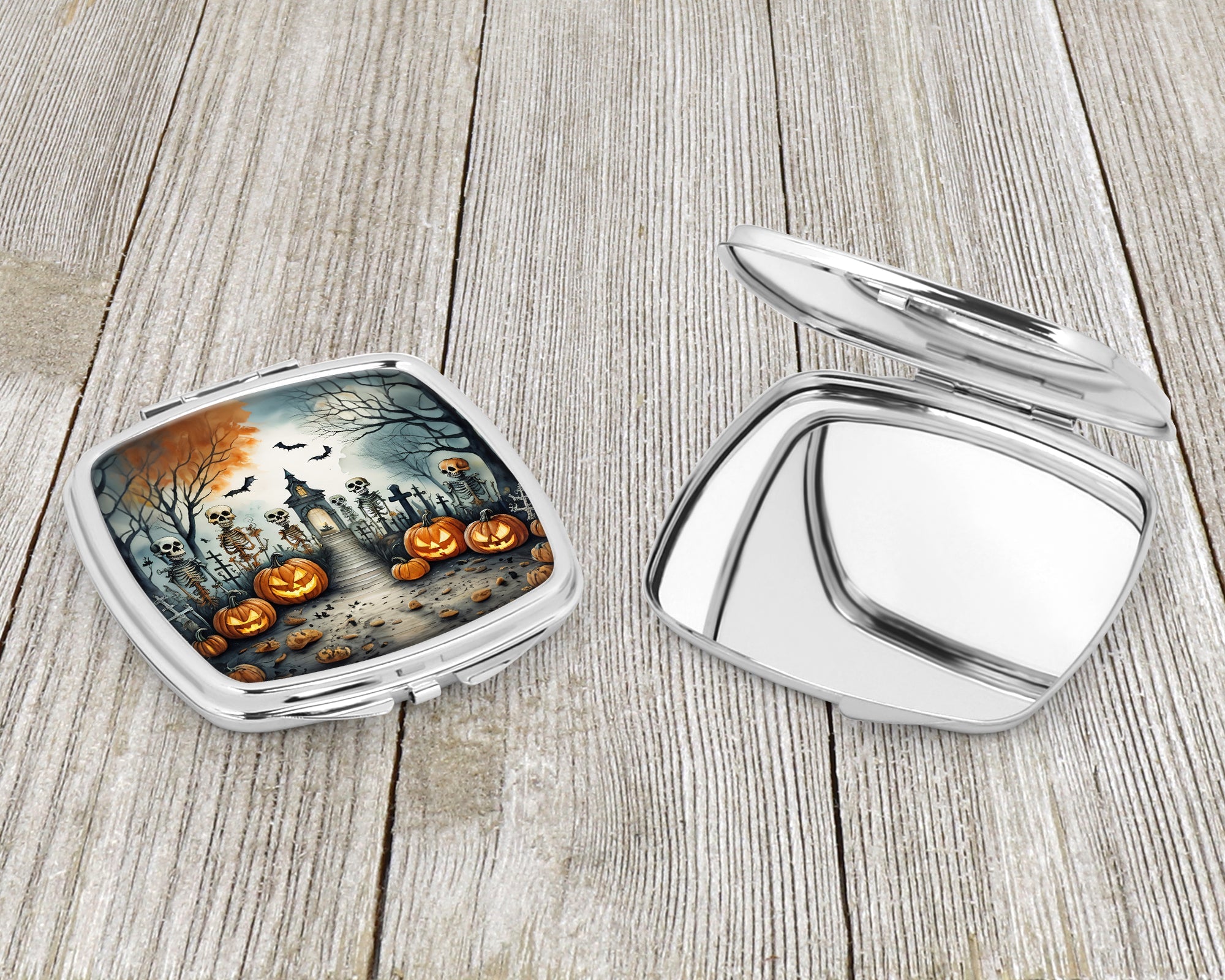 Skeleton Spooky Halloween Compact Mirror Decorative Travel Makeup Mirror for Women Girls Gifts Pocket Makeup Mirror Folding Handheld