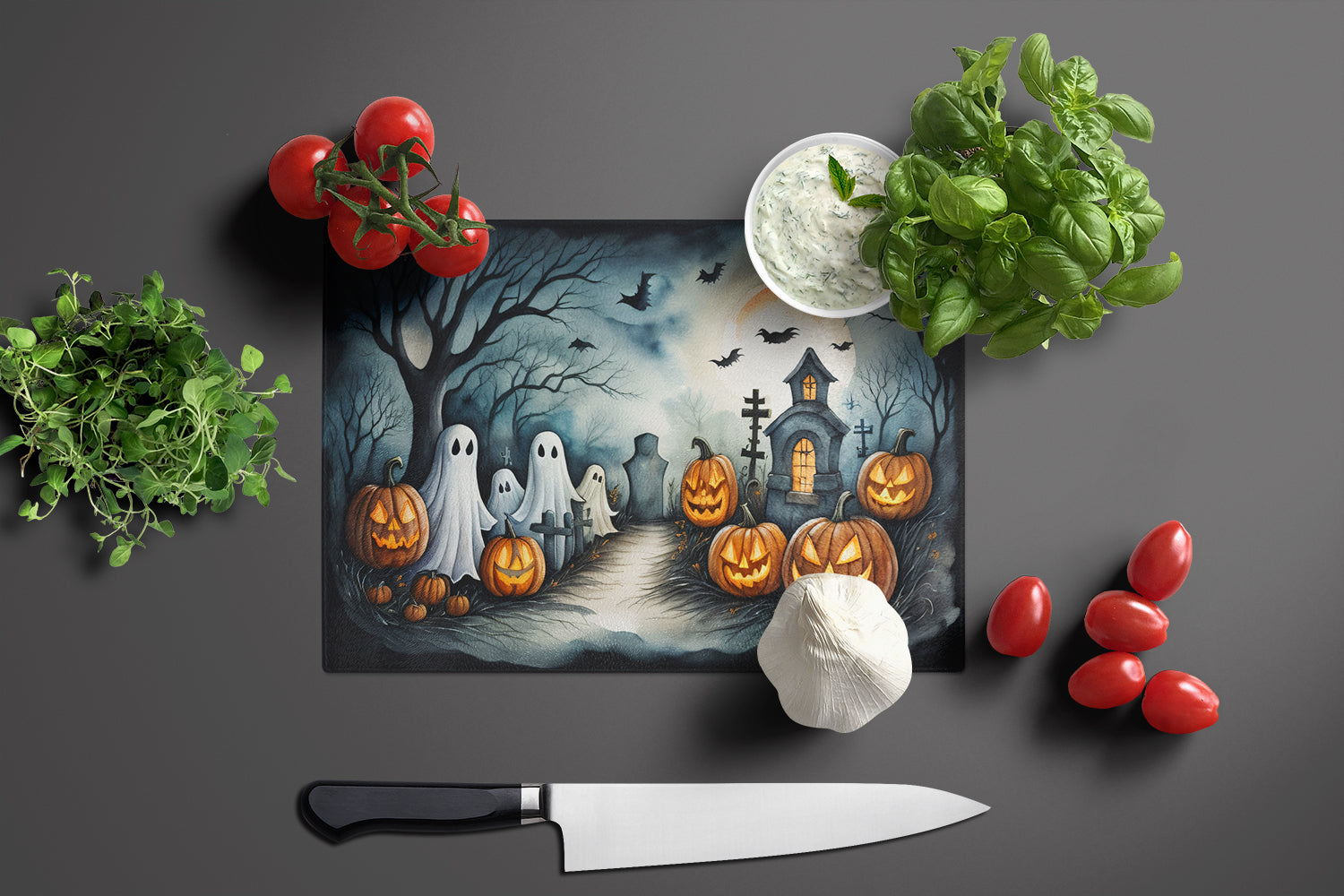 Ghosts Spooky Halloween Cutting Board Tempered Glass Kitchen Cutting Surface, Heat Resistant Chopping, Non-Slip Feet, Food Prep & Serving