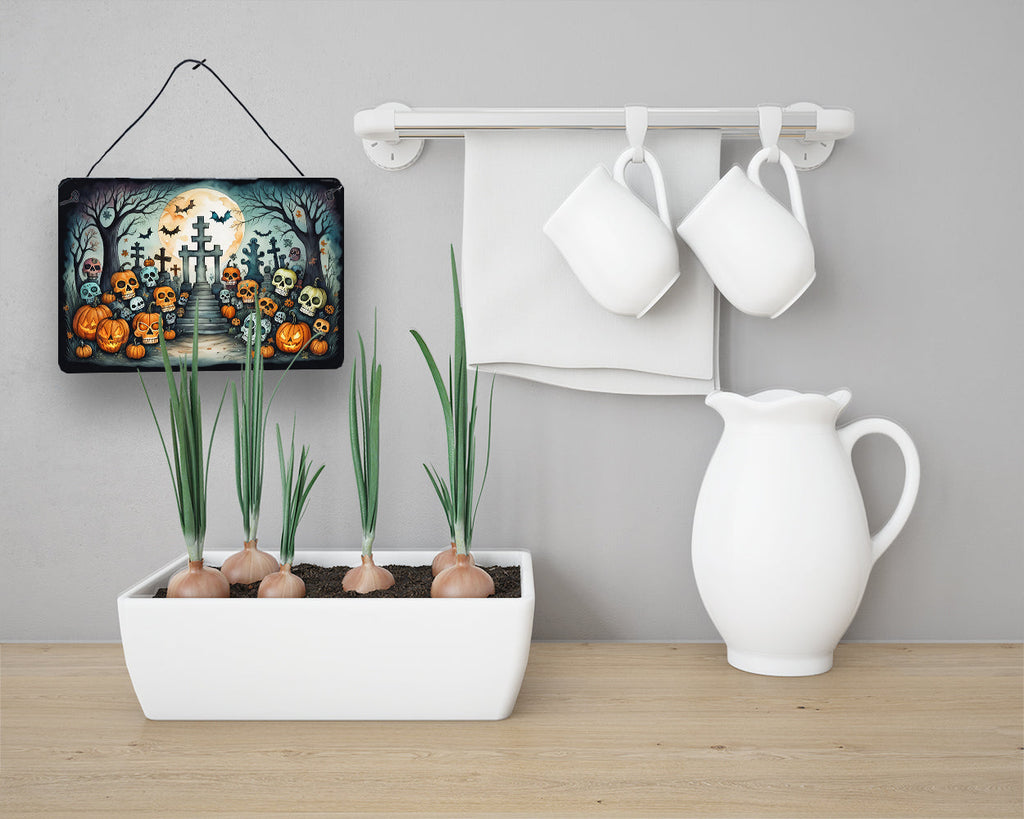 Calaveras Sugar Skulls Spooky Halloween Wall or Door Hanging Prints Aluminum Metal Sign Kitchen Wall Bar Bathroom Plaque Home Decor, 8HX12W, Multicolor