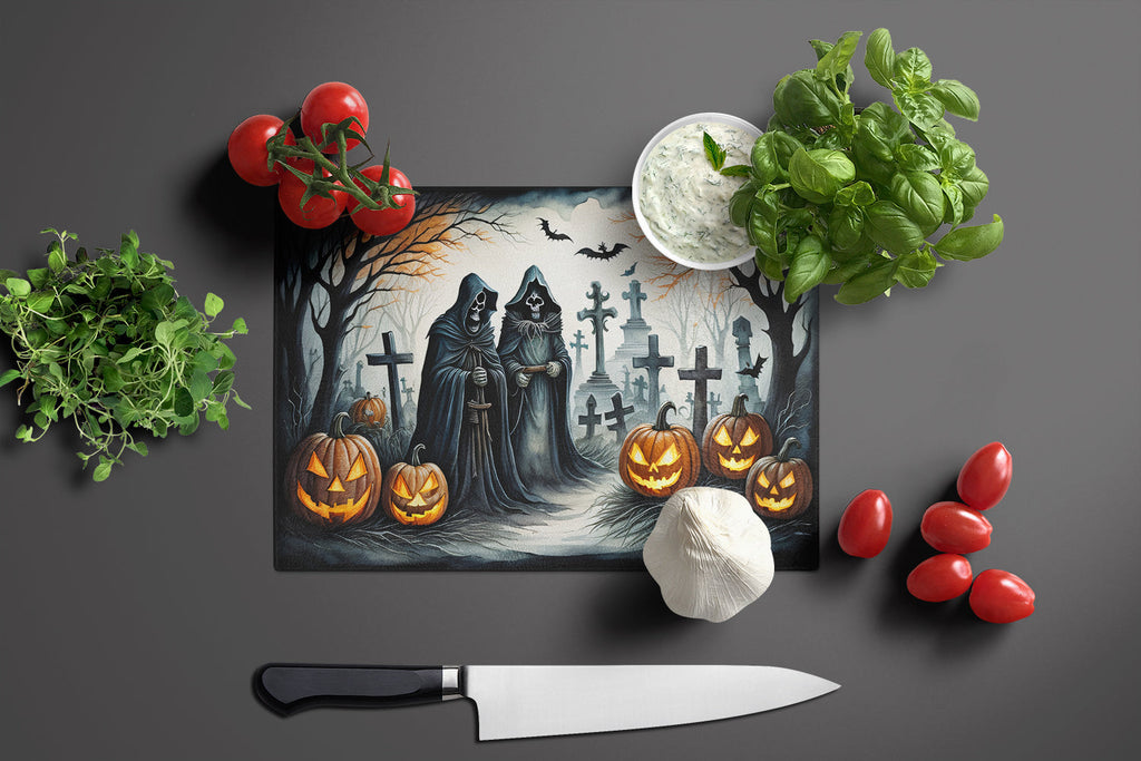 The Grim Reaper Spooky Halloween Cutting Board Tempered Glass Kitchen Cutting Surface, Heat Resistant Chopping, Non-Slip Feet, Food Prep & Serving