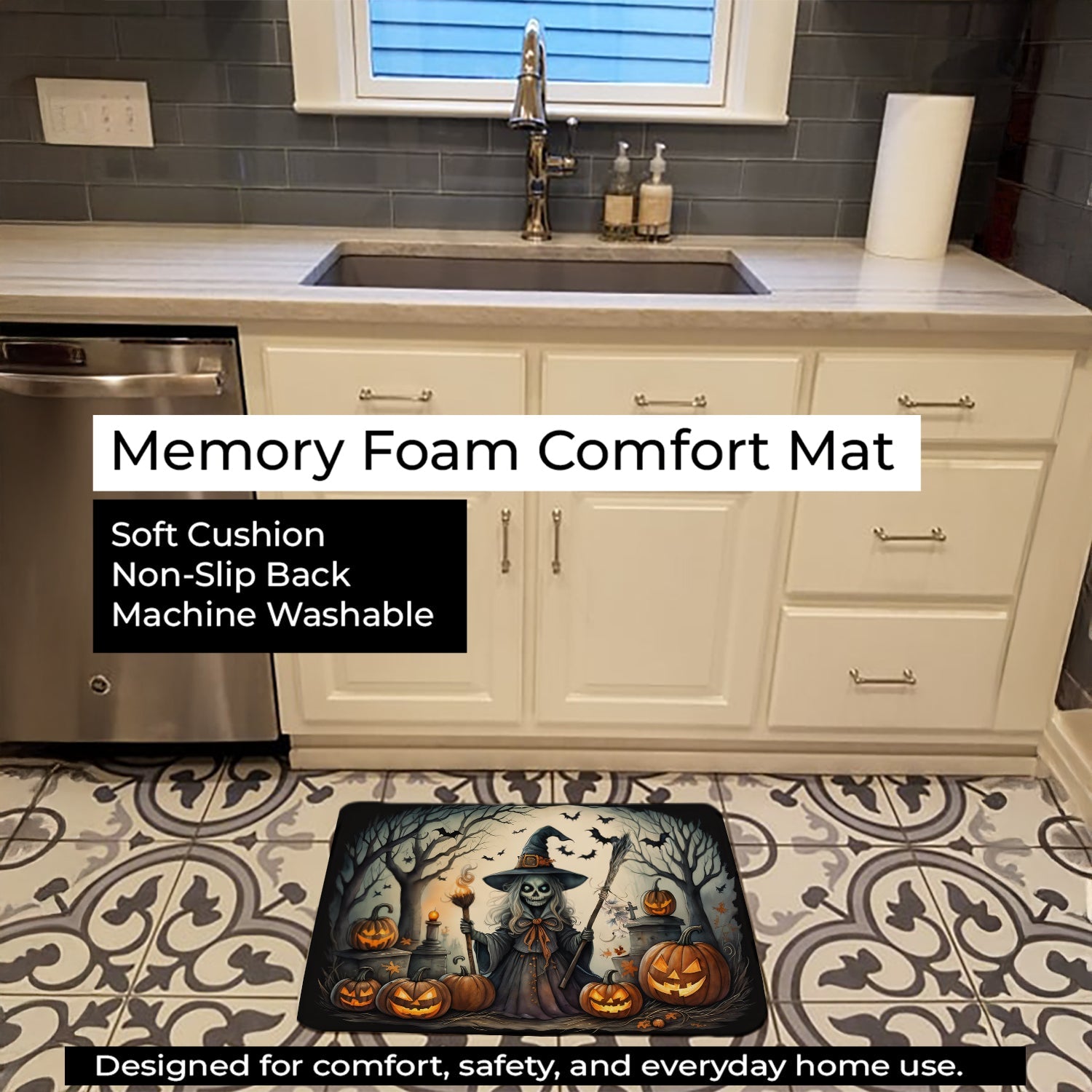 Witch Spooky Halloween Memory Foam Kitchen Mat Machine Washable Anti-Fatigue Cushion Comfort Bath or Kitchen Rug