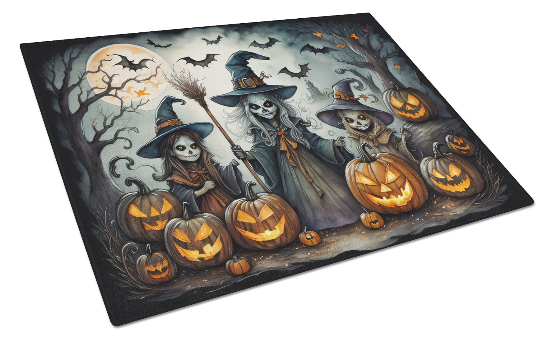 Witches Spooky Halloween Cutting Board Tempered Glass Kitchen Cutting Surface, Heat Resistant Chopping, Non-Slip Feet, Food Prep & Serving