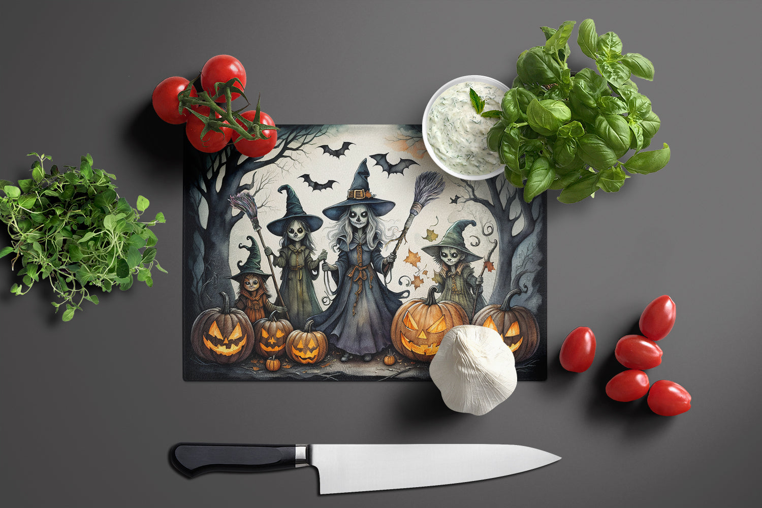 Witches Spooky Halloween Cutting Board Tempered Glass Kitchen Cutting Surface, Heat Resistant Chopping, Non-Slip Feet, Food Prep & Serving