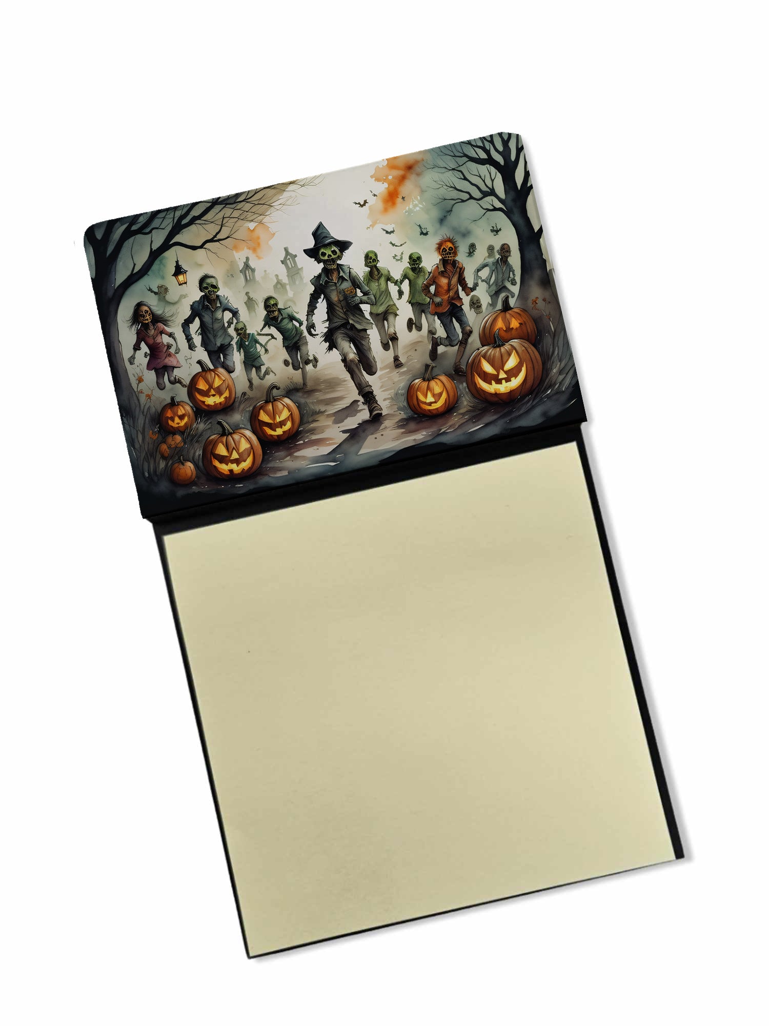 Zombies Spooky Halloween Watercolor Sticky Note Holder Refillable Dispenser Desk Accessory 3x3 Pad Gift