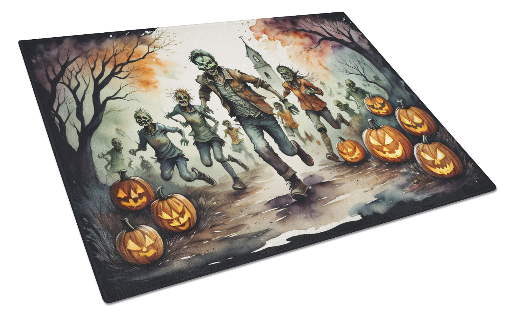 Zombies Spooky Halloween Cutting Board Tempered Glass Kitchen Cutting Surface, Heat Resistant Chopping, Non-Slip Feet, Food Prep & Serving