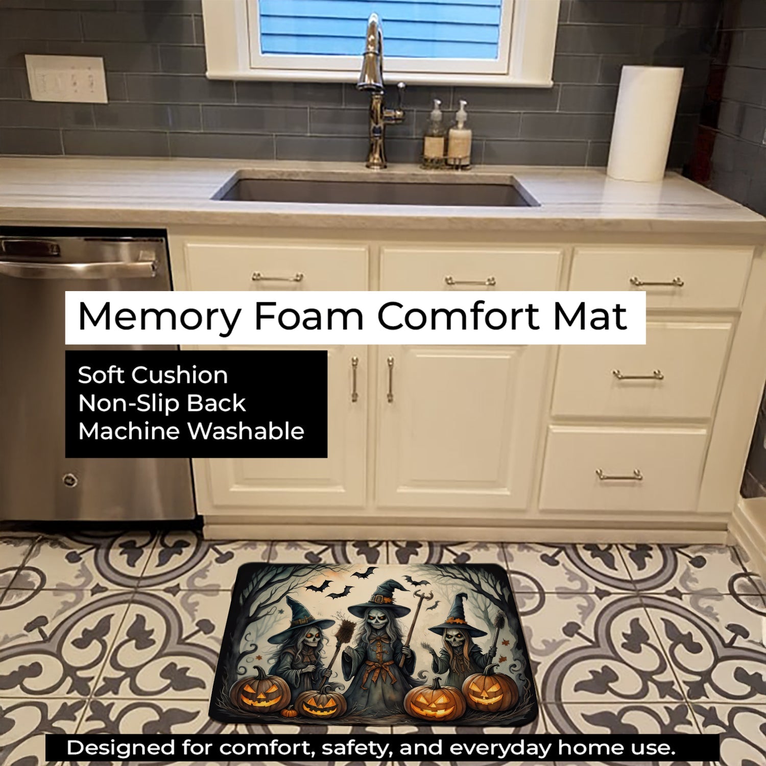 Witches Spooky Halloween Memory Foam Kitchen Mat Machine Washable Anti-Fatigue Cushion Comfort Bath or Kitchen Rug