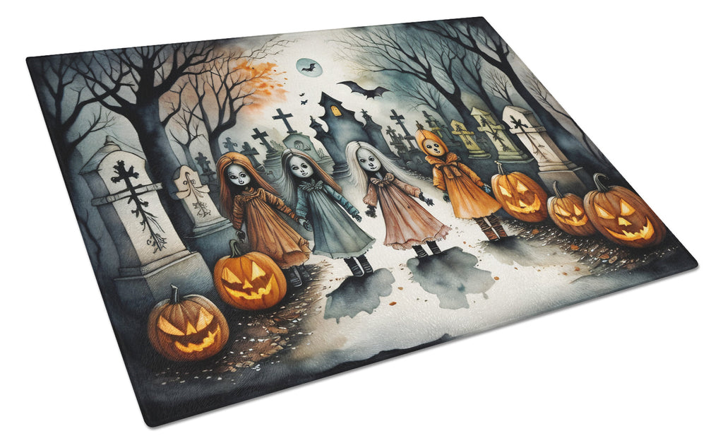 Creepy Dolls Spooky Halloween Cutting Board Tempered Glass Kitchen Cutting Surface, Heat Resistant Chopping, Non-Slip Feet, Food Prep & Serving
