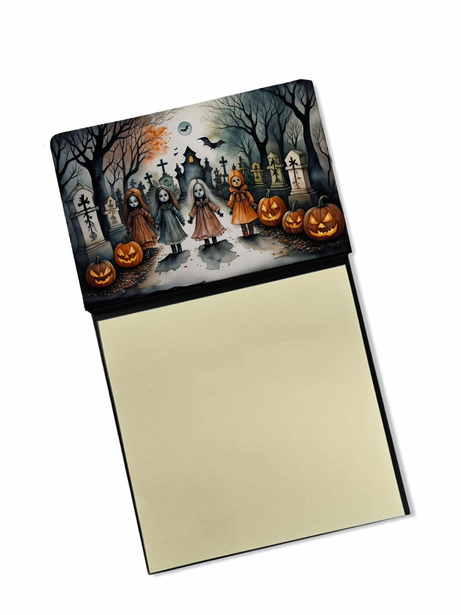 Creepy Dolls Spooky Halloween Watercolor Sticky Note Holder Refillable Dispenser Desk Accessory 3x3 Pad Gift