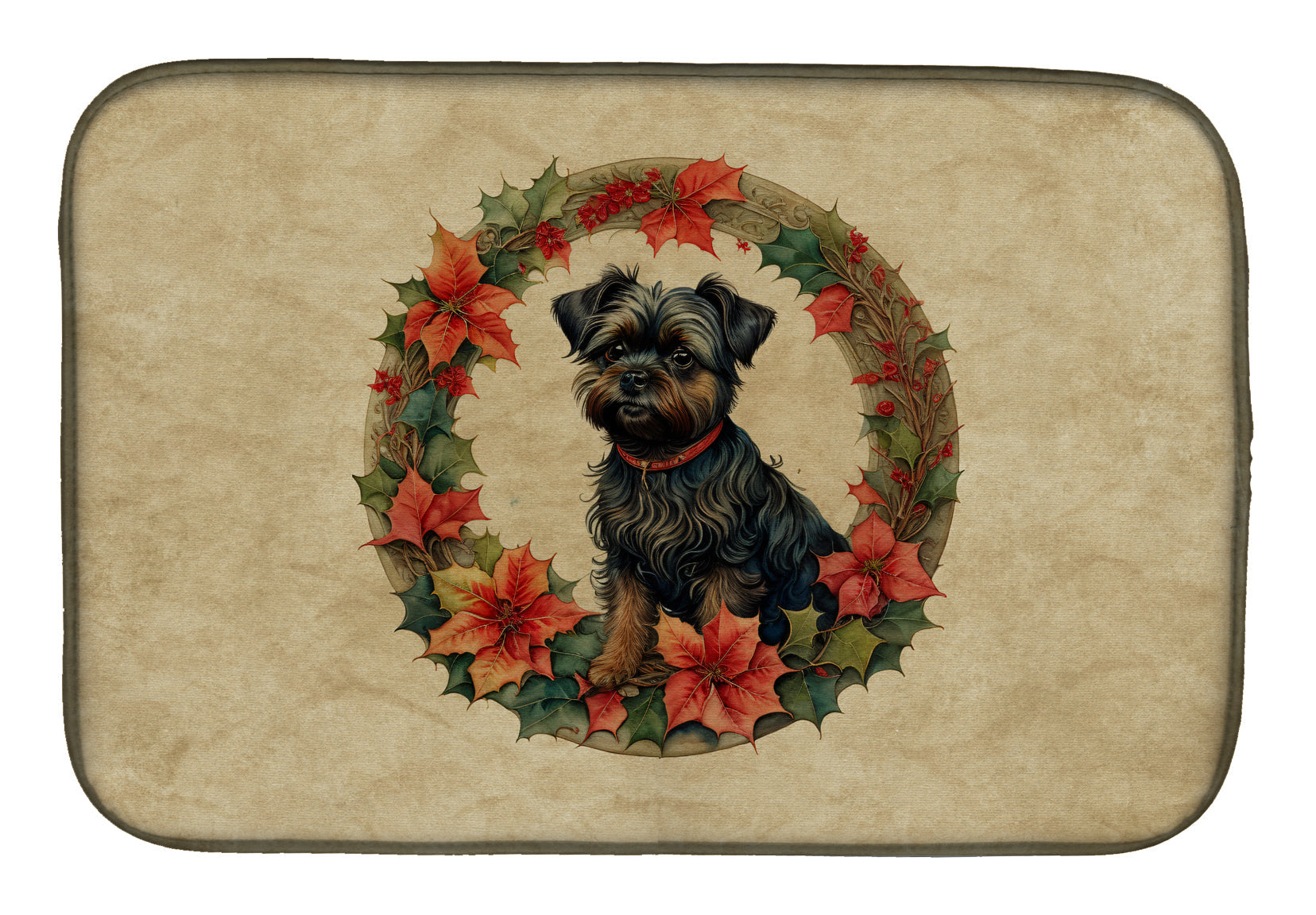 Affenpinscher Christmas Flowers Dish Drying Mat Absorbent Dish Drying Mat Pad for Kitchen Counter Dish Drainer Mat for Countertop, 14 x 21", Multicolor