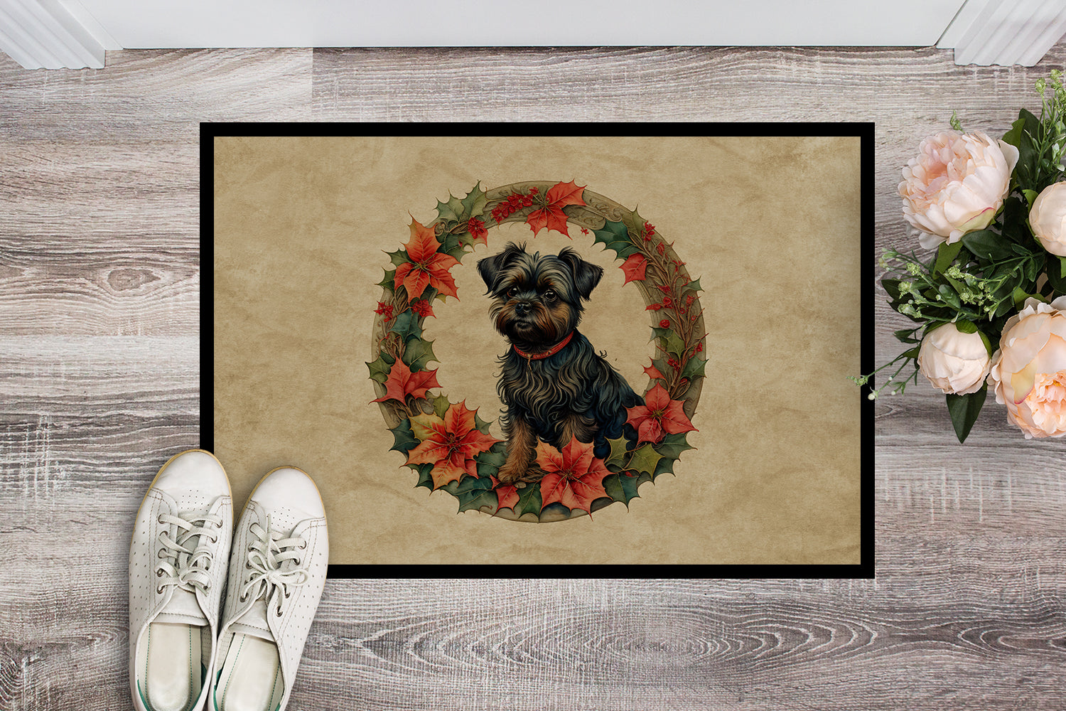 Affenpinscher Christmas Flowers Doormat Indoor Outdoor 24H X 36W Front Door Mat Rugs for Entryway, Non Slip Washable Low Pile,