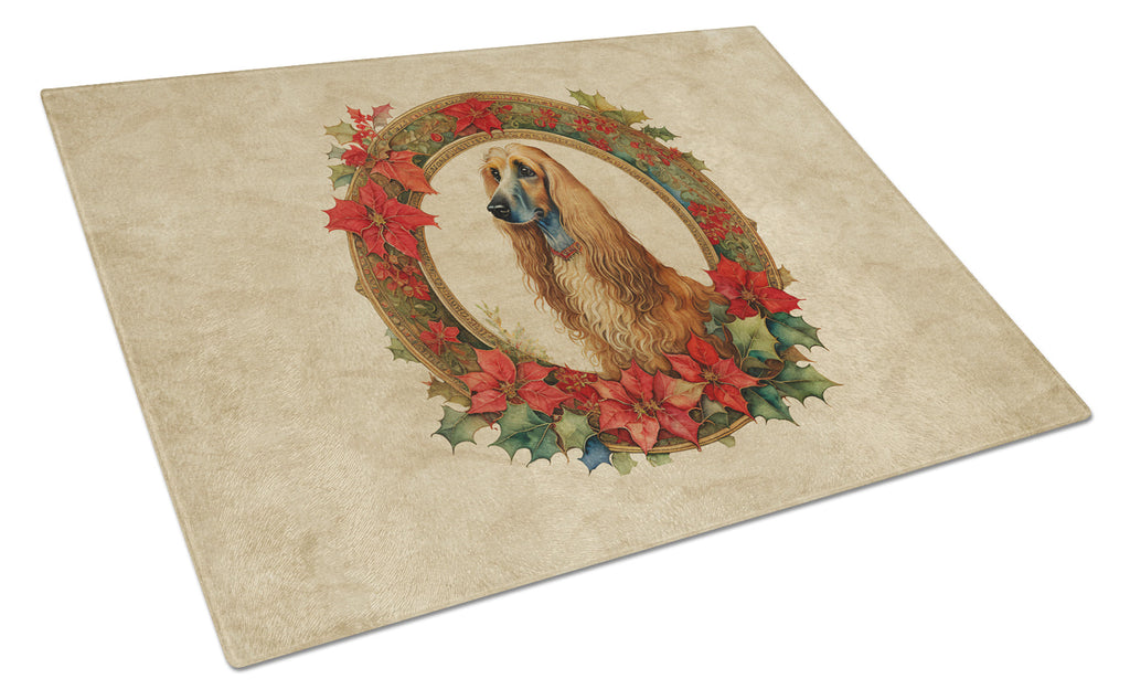 Afghan Hound Christmas Flowers Cutting Board Tempered Glass Kitchen Cutting Surface, Heat Resistant Chopping, Non-Slip Feet, Food Prep & Serving