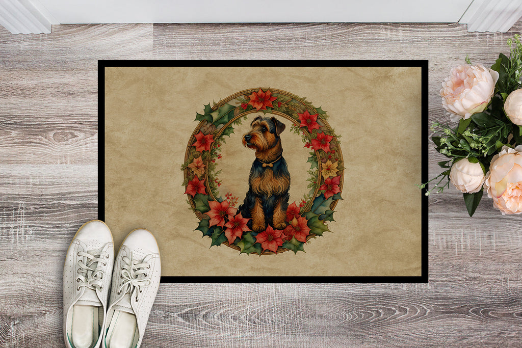 Airedale Terrier Christmas Flowers Doormat Indoor Outdoor 24H X 36W Front Door Mat Rugs for Entryway, Non Slip Washable Low Pile,
