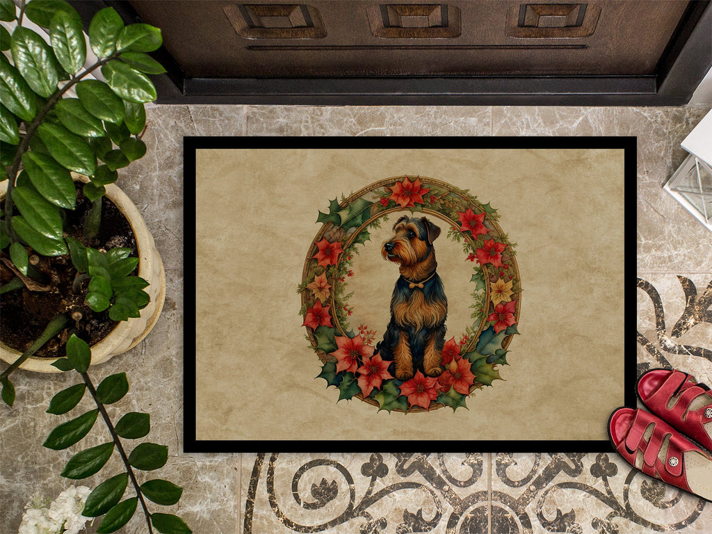 Airedale Terrier Christmas Flowers Doormat Indoor Outdoor 24H X 36W Front Door Mat Rugs for Entryway, Non Slip Washable Low Pile,
