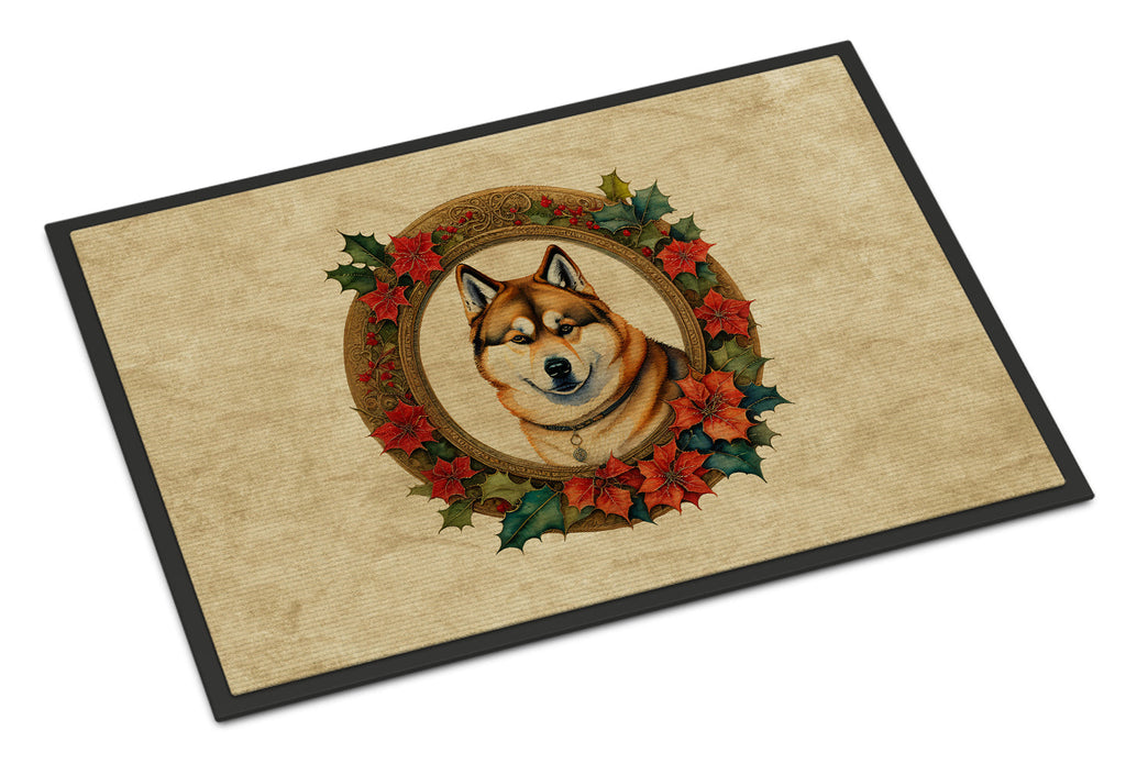 Akita Christmas Flowers Doormat Indoor Outdoor 24H X 36W Front Door Mat Rugs for Entryway, Non Slip Washable Low Pile,