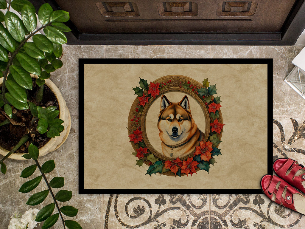 Akita Christmas Flowers Doormat Indoor Outdoor 18H X 27W Front Door Mat Rugs for Entryway, Non Slip Washable