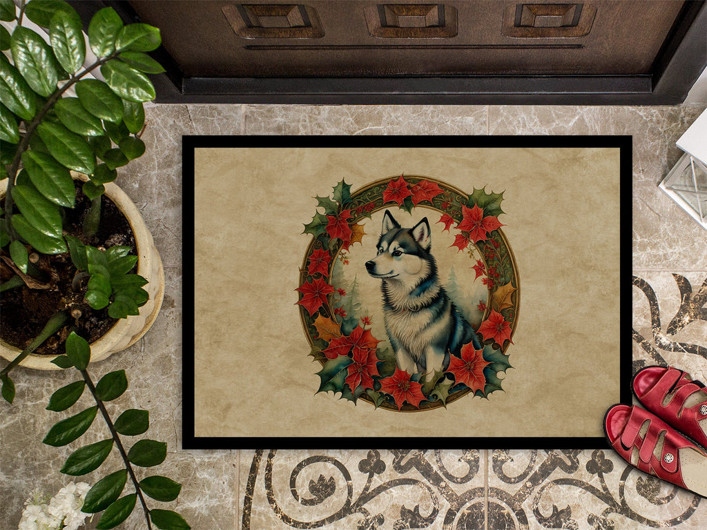 Alaskan Klee Kai Christmas Flowers Doormat Indoor Outdoor 24H X 36W Front Door Mat Rugs for Entryway, Non Slip Washable Low Pile,