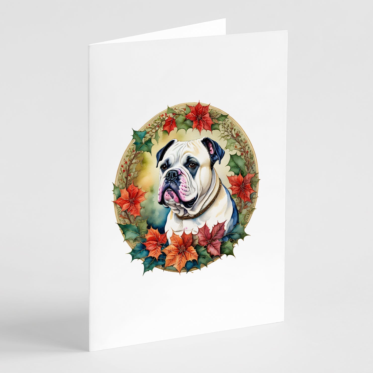 American Bulldog Christmas Flowers Greeting Cards Pack of 8 Blank Cards with Envelopes Whimsical A7 Size 5x7