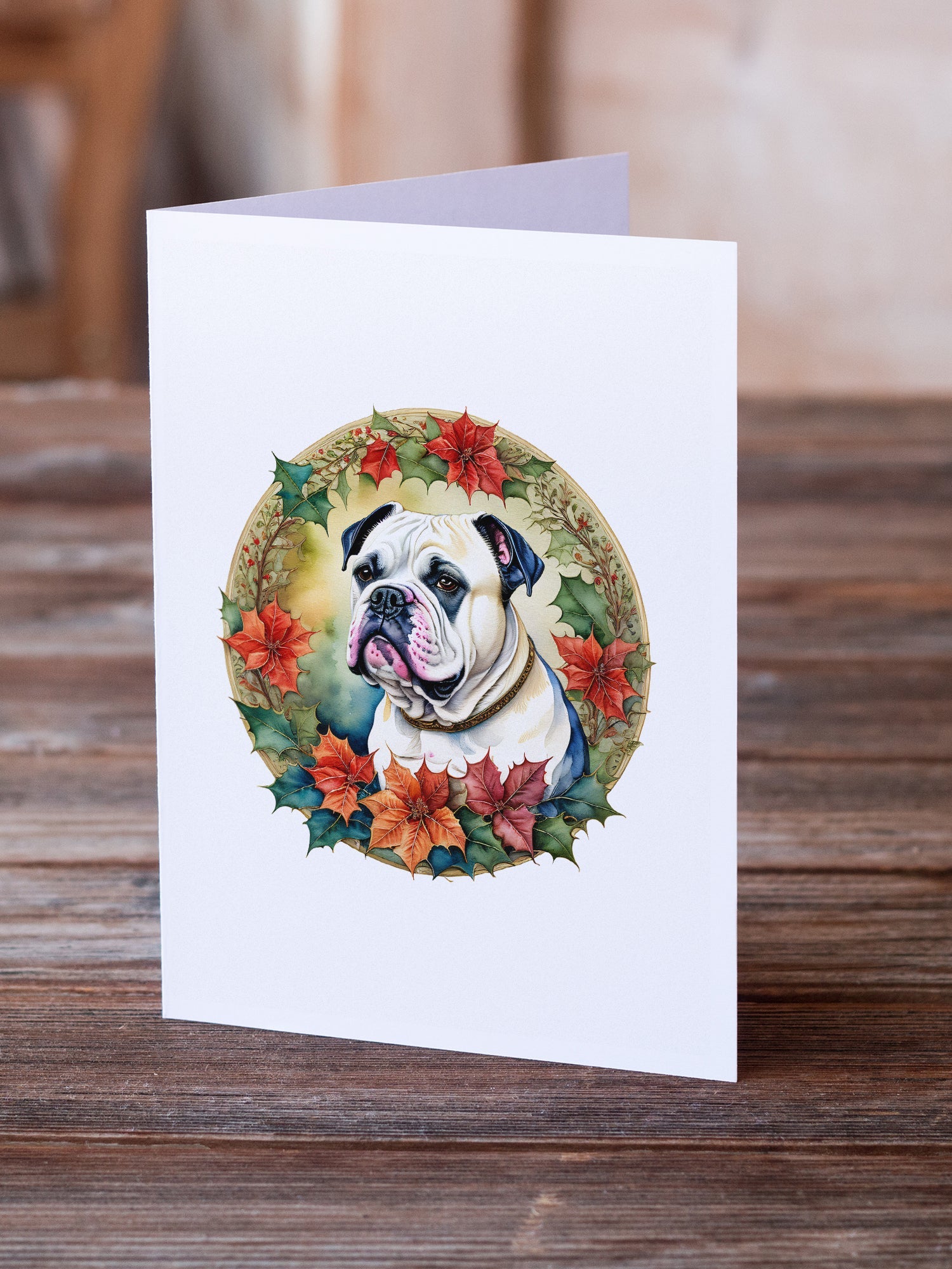 American Bulldog Christmas Flowers Greeting Cards Pack of 8 Blank Cards with Envelopes Whimsical A7 Size 5x7