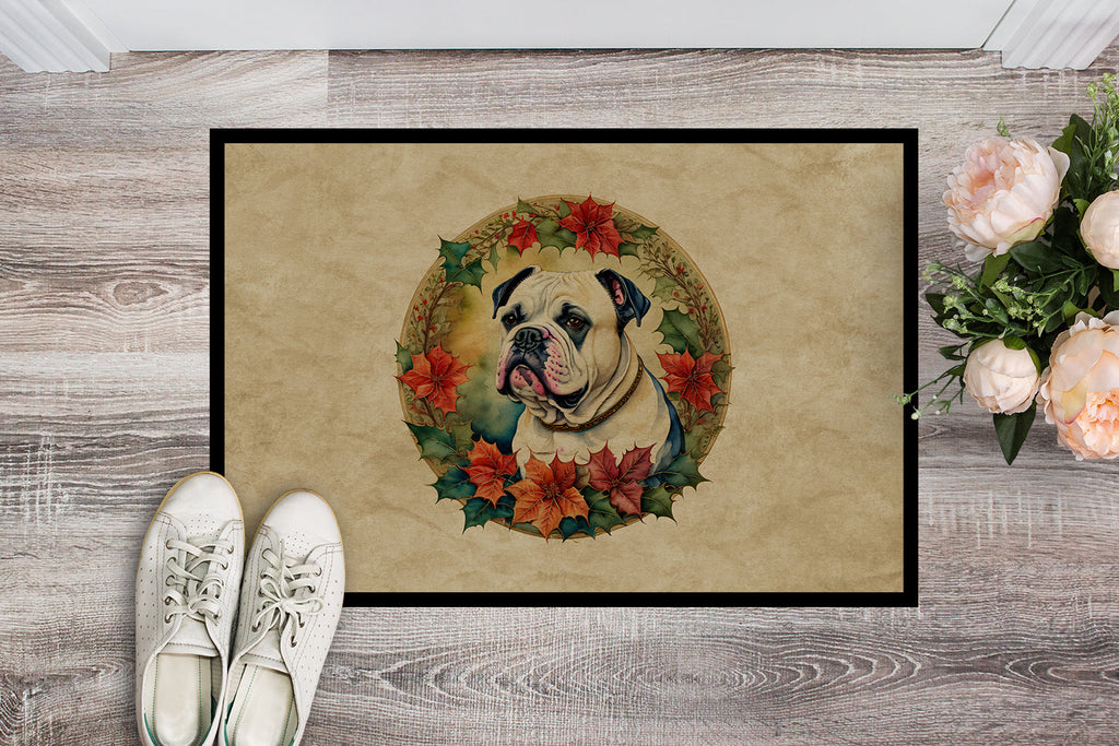 American Bulldog Christmas Flowers Doormat Indoor Outdoor 24H X 36W Front Door Mat Rugs for Entryway, Non Slip Washable Low Pile,