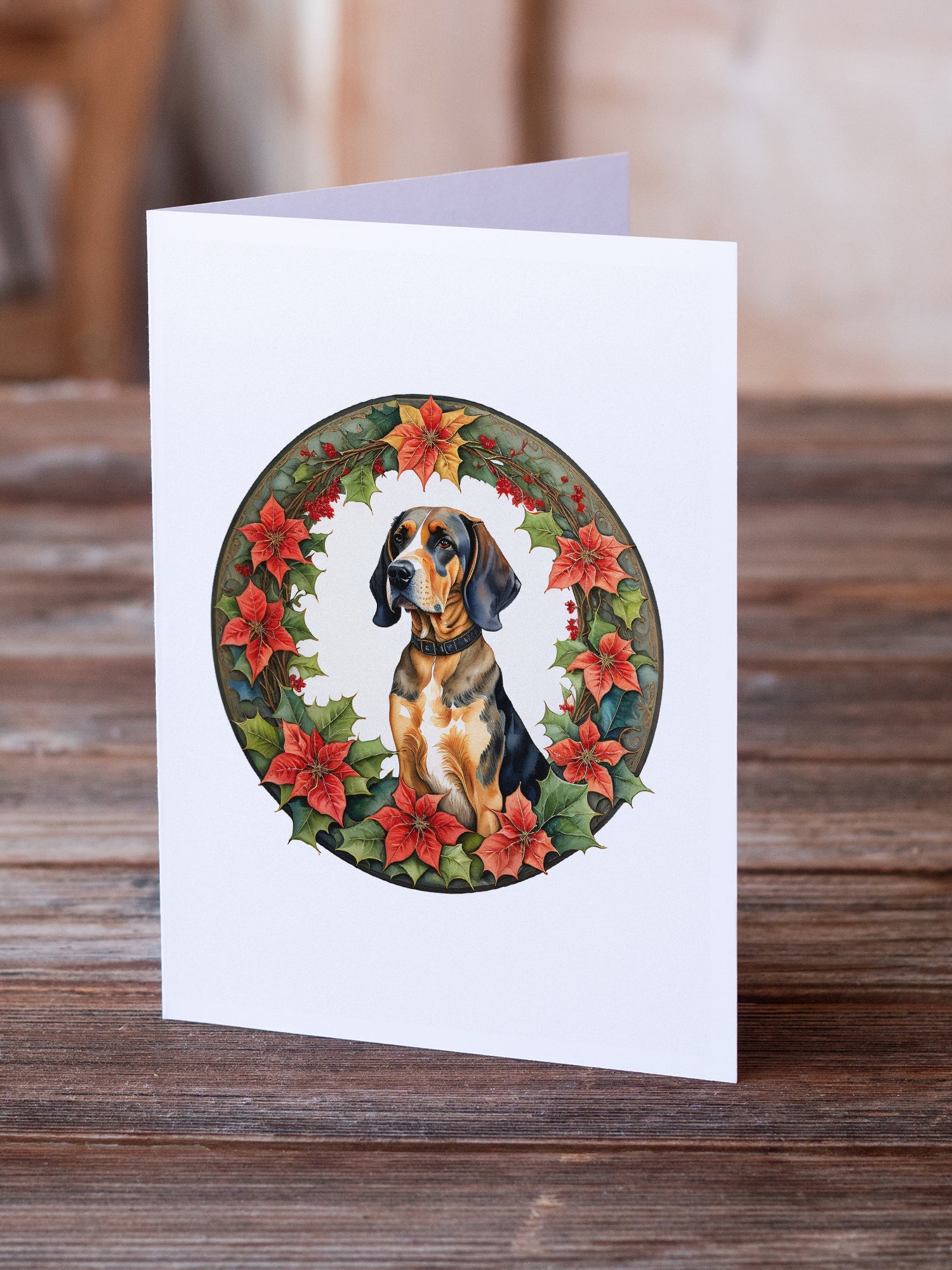 American English Coonhound Christmas Flowers Greeting Cards Pack of 8 Blank Cards with Envelopes Whimsical A7 Size 5x7