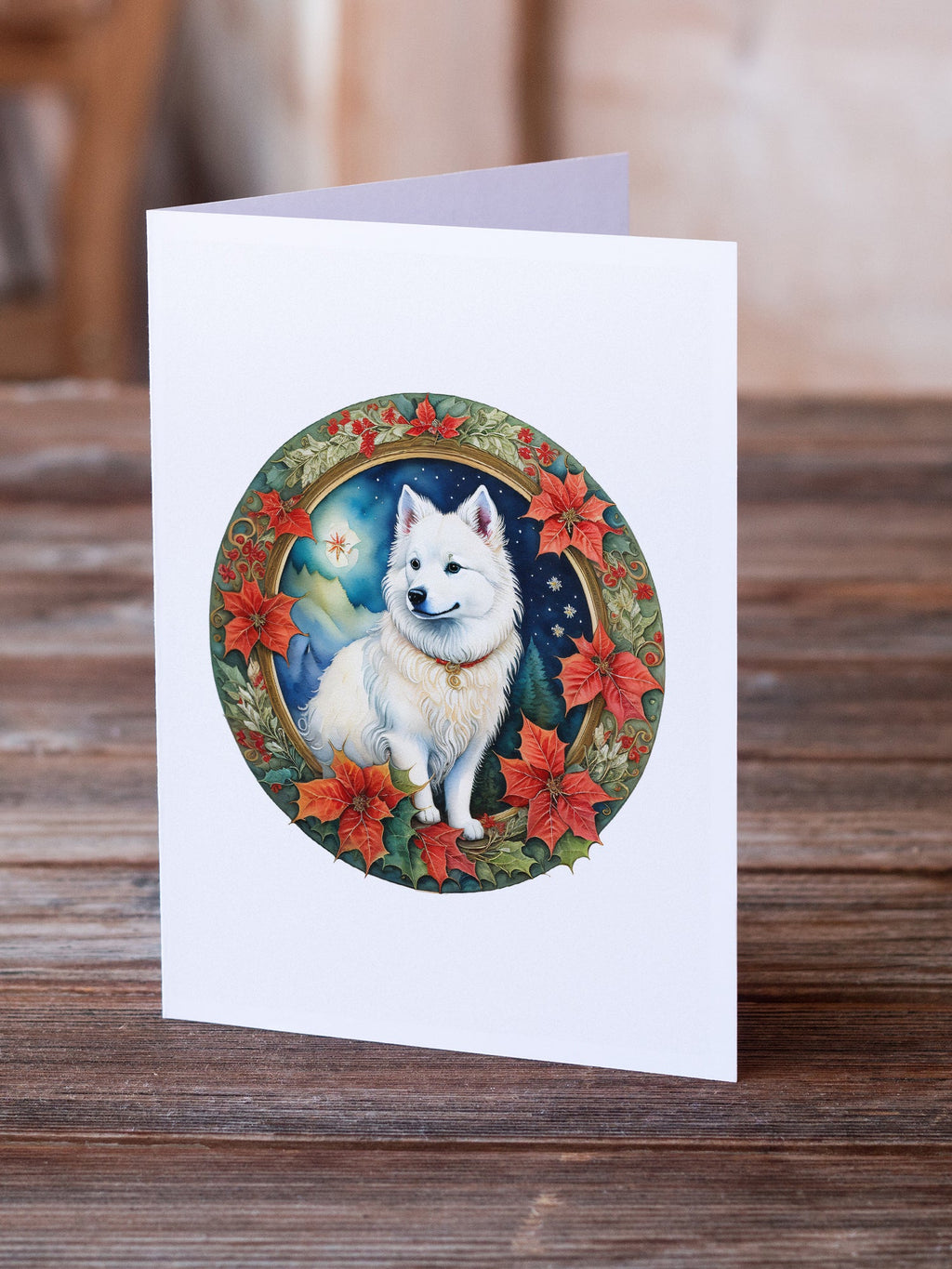 American Eskimo Christmas Flowers Greeting Cards Pack of 8 Blank Cards with Envelopes Whimsical A7 Size 5x7