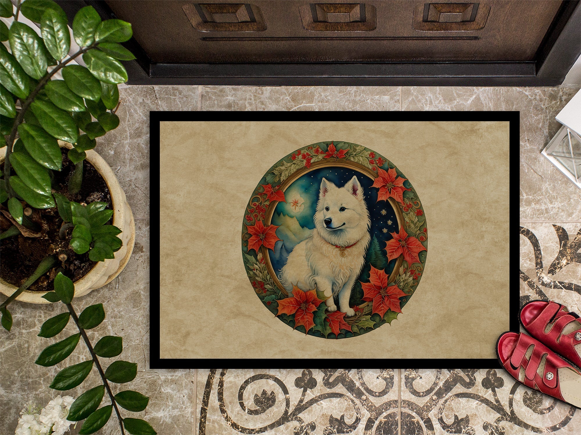 American Eskimo Christmas Flowers Doormat Indoor Outdoor 18H X 27W Front Door Mat Rugs for Entryway, Non Slip Washable