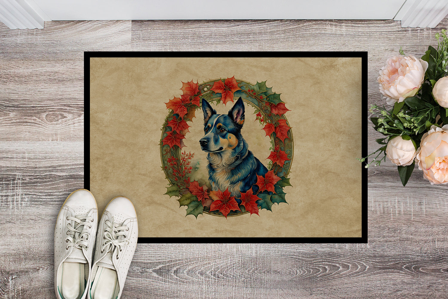 Australian Cattle Dog Christmas Flowers Doormat Indoor Outdoor 18H X 27W Front Door Mat Rugs for Entryway, Non Slip Washable