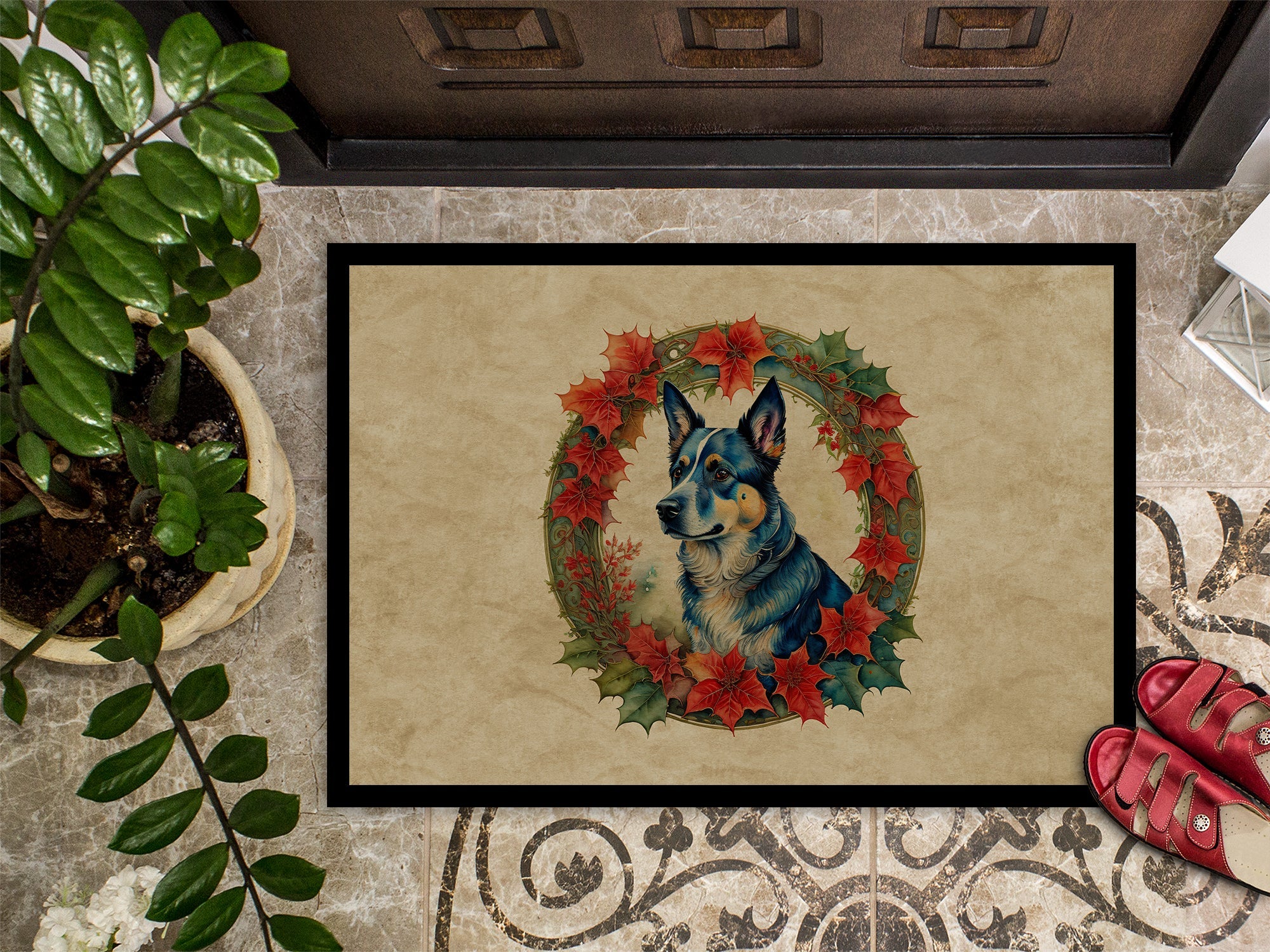 Australian Cattle Dog Christmas Flowers Doormat Indoor Outdoor 18H X 27W Front Door Mat Rugs for Entryway, Non Slip Washable