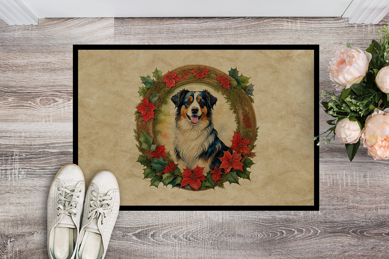 Australian Shepherd Christmas Flowers Doormat Indoor Outdoor 24H X 36W Front Door Mat Rugs for Entryway, Non Slip Washable Low Pile,