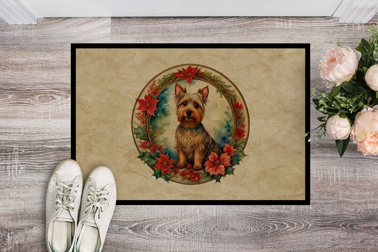 Australian Terrier Christmas Flowers Doormat Indoor Outdoor 24H X 36W Front Door Mat Rugs for Entryway, Non Slip Washable Low Pile,