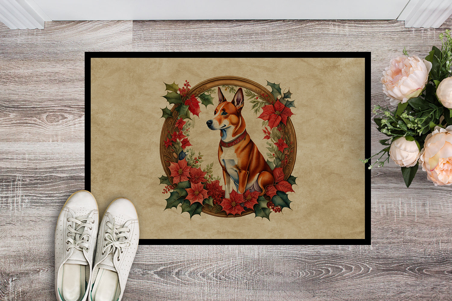 Basenji Christmas Flowers Doormat Indoor Outdoor 18H X 27W Front Door Mat Rugs for Entryway, Non Slip Washable