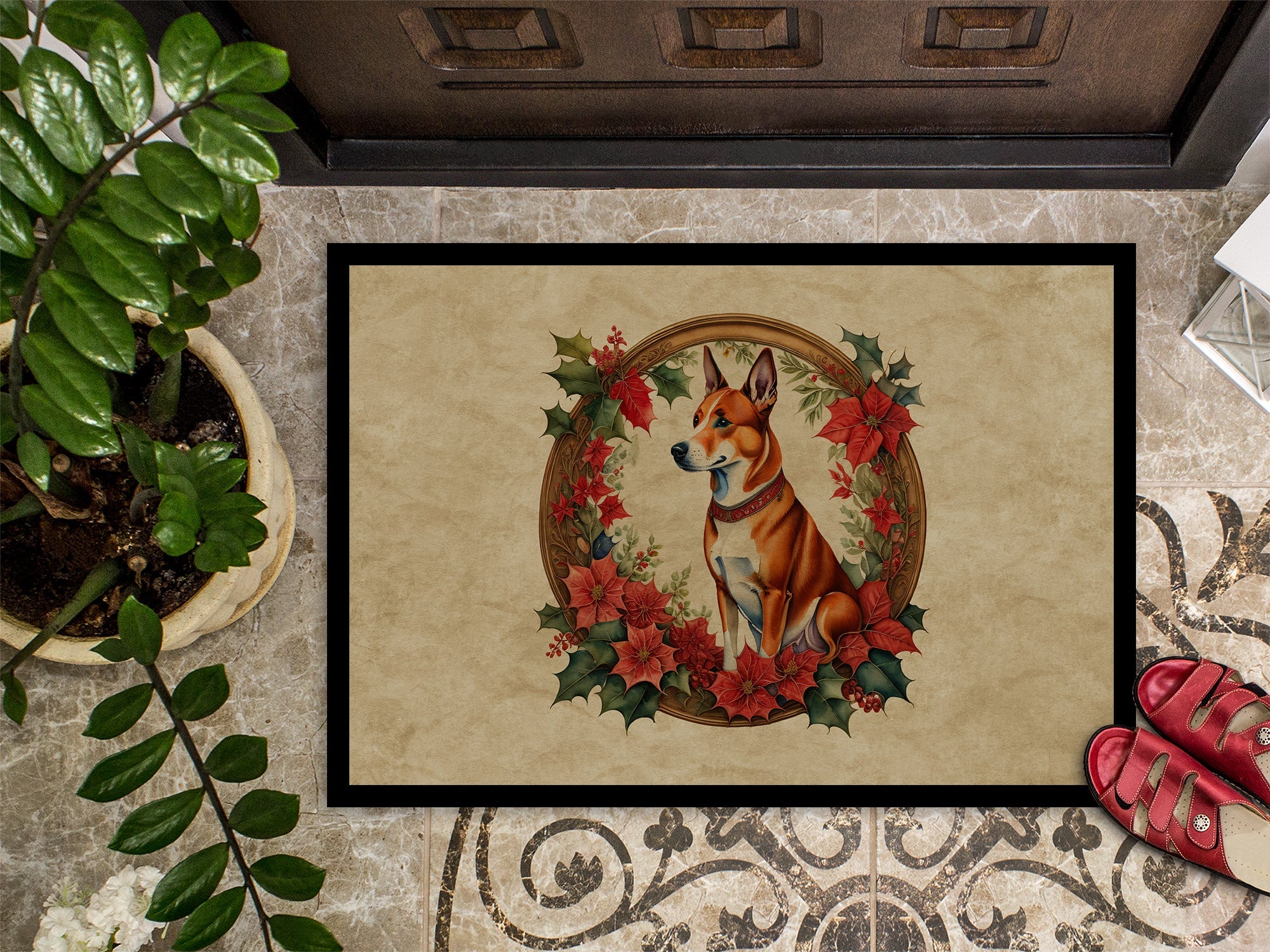 Basenji Christmas Flowers Doormat Indoor Outdoor 18H X 27W Front Door Mat Rugs for Entryway, Non Slip Washable