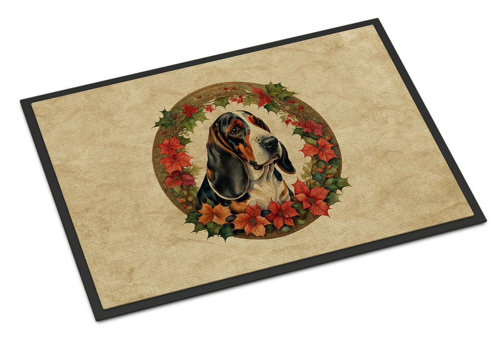 Basset Hound Christmas Flowers Doormat Indoor Outdoor 18H X 27W Front Door Mat Rugs for Entryway, Non Slip Washable