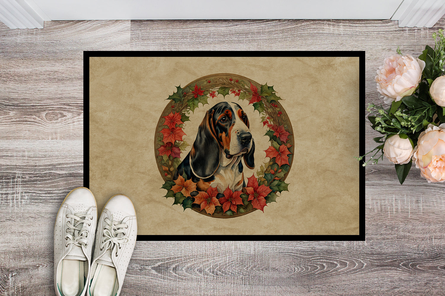 Basset Hound Christmas Flowers Doormat Indoor Outdoor 18H X 27W Front Door Mat Rugs for Entryway, Non Slip Washable