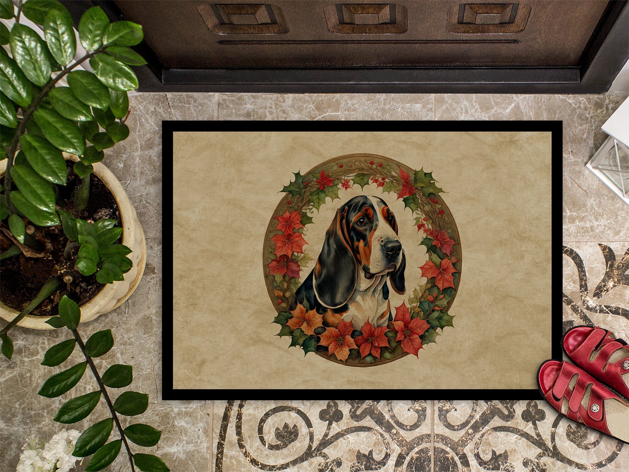 Basset Hound Christmas Flowers Doormat Indoor Outdoor 18H X 27W Front Door Mat Rugs for Entryway, Non Slip Washable
