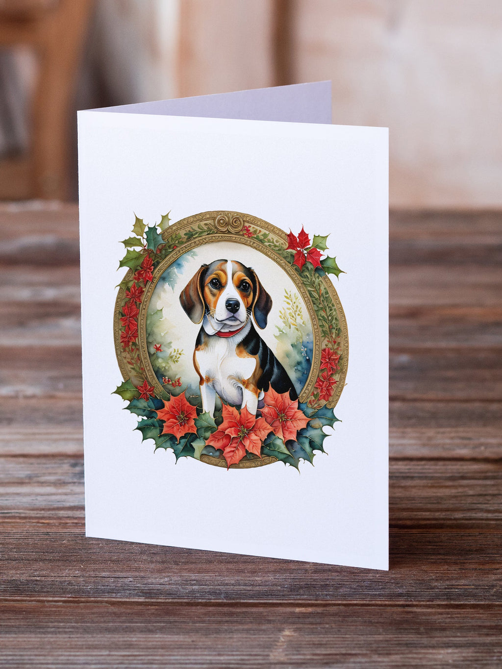 Beagle Christmas Flowers Greeting Cards Pack of 8 Blank Cards with Envelopes Whimsical A7 Size 5x7