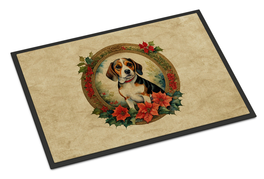 Beagle Christmas Flowers Doormat Indoor Outdoor 24H X 36W Front Door Mat Rugs for Entryway, Non Slip Washable Low Pile,