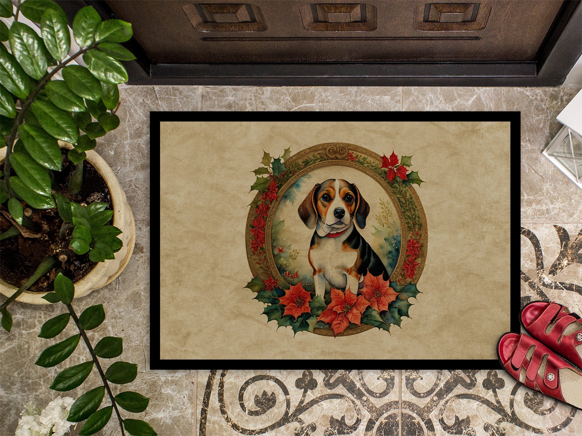 Beagle Christmas Flowers Doormat Indoor Outdoor 24H X 36W Front Door Mat Rugs for Entryway, Non Slip Washable Low Pile,