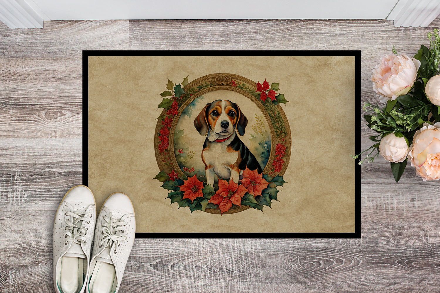 Beagle Christmas Flowers Doormat Indoor Outdoor 18H X 27W Front Door Mat Rugs for Entryway, Non Slip Washable