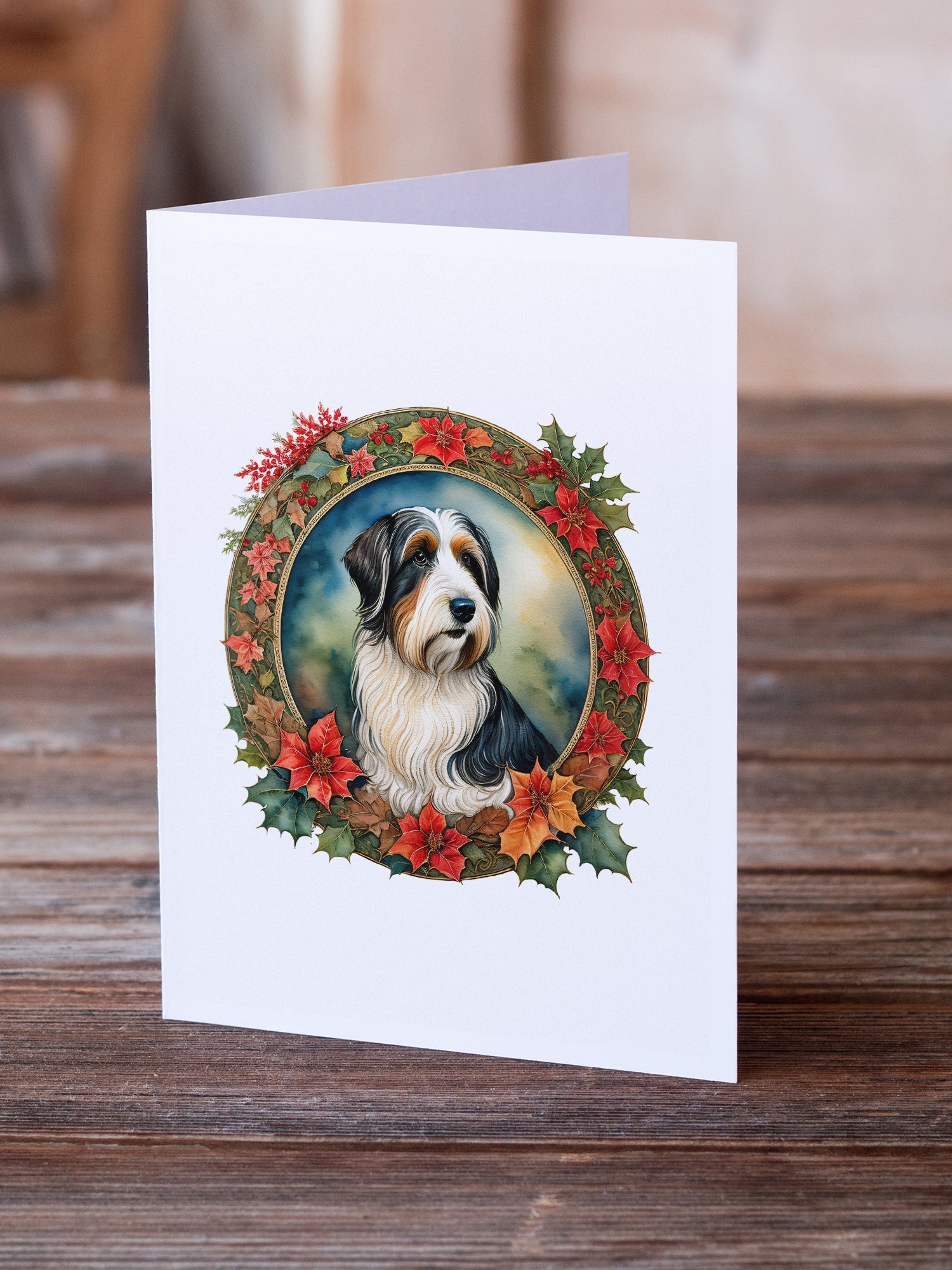 Bearded Collie Christmas Flowers Greeting Cards Pack of 8 Blank Cards with Envelopes Whimsical A7 Size 5x7