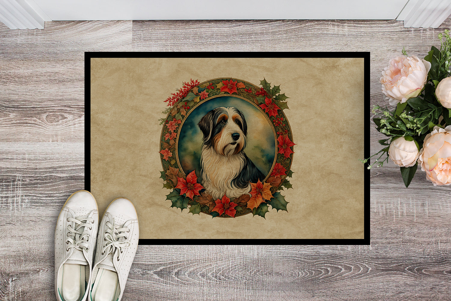 Bearded Collie Christmas Flowers Doormat Indoor Outdoor 24H X 36W Front Door Mat Rugs for Entryway, Non Slip Washable Low Pile,