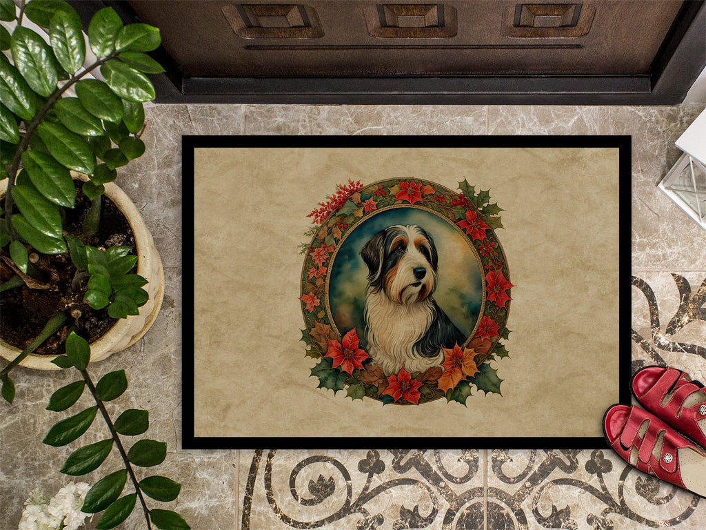 Bearded Collie Christmas Flowers Doormat Indoor Outdoor 24H X 36W Front Door Mat Rugs for Entryway, Non Slip Washable Low Pile,